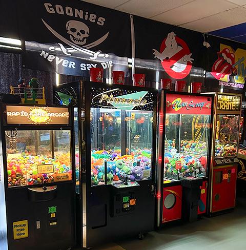 Claw machines and prize machines.